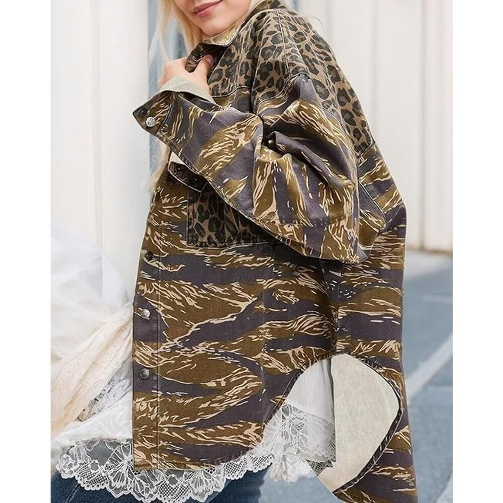 Leopard Printed Denim Jacket Fashion Button Up Vintage Western Trucker, XXL - Picture 3 of 3